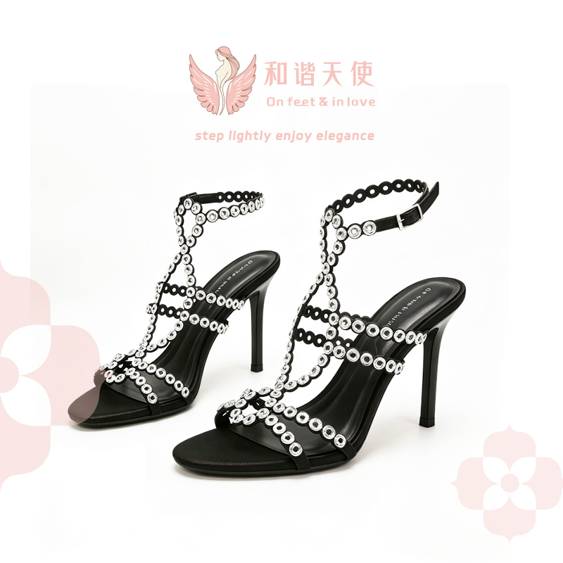 Black Cutout Rhinestone Tall Ankle Strap Stilettos
