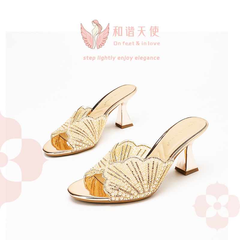 Gold Pearl Rhinestone Mule Slide Heels