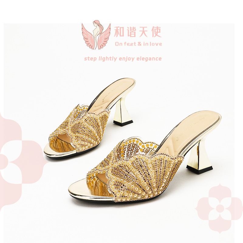 Gold Crystal Pearl Fan Mule Slide Heels