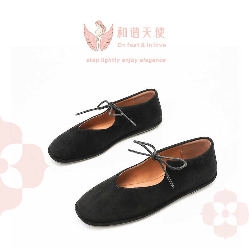 Black Suede Bow Square Toe Ballet Flats for Elegant Style