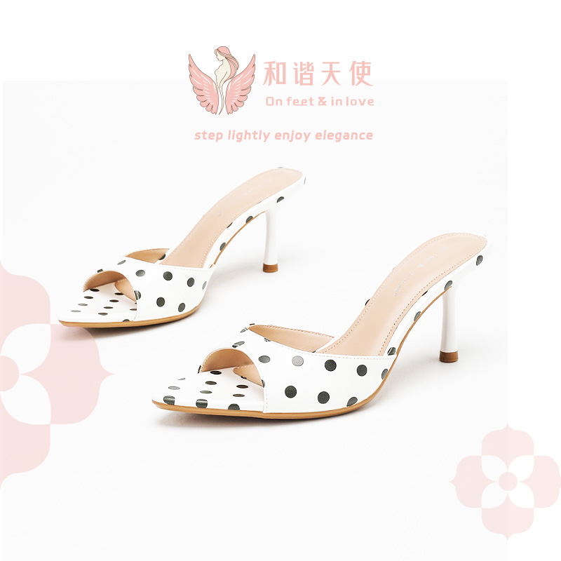 White Black Polka Dot Patent Square Toe Mule Heels
