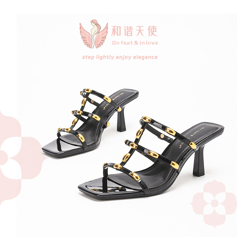 Black Patent Gold Bead Square Toe Mule Heels - Multi-Strap