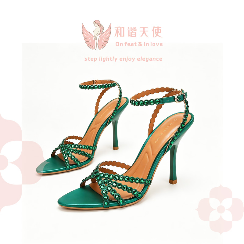 Emerald Rhinestone Square Toe Ankle Strap Stilettos