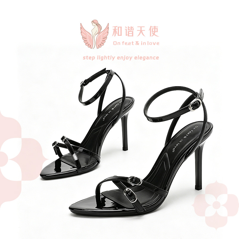 On feet & in love Black Patent Buckle Stiletto Sandals