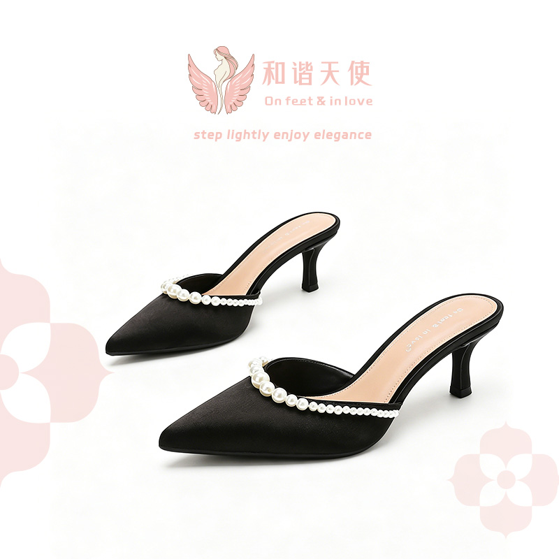 On feet & in love Black Satin Pearl Mule Heels