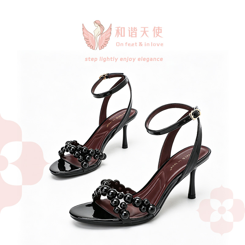 On feet & in love Black Beaded Ankle Strap Heels