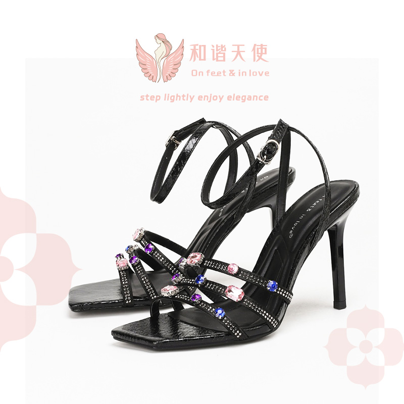 Black Multi-Color Rhinestone Square Toe Stiletto Sandals