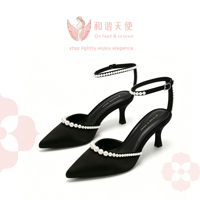 On feet & in love Black Satin Pearl Ankle Strap Heels