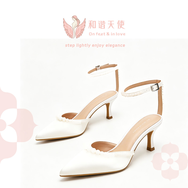 On feet & in love White Satin Pearl Ankle Strap Heels