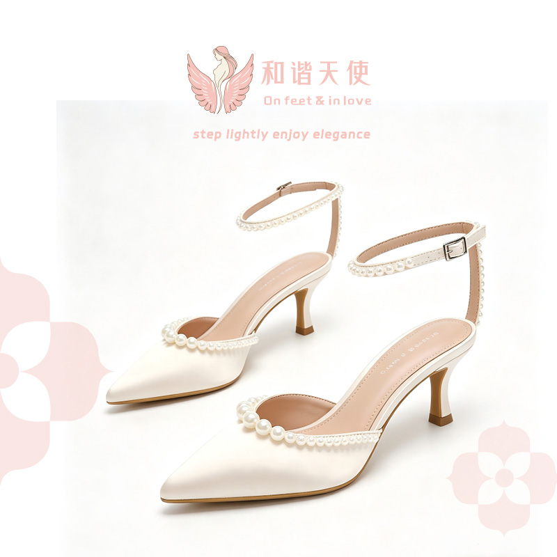 On feet & in love Apricot Satin Pearl Ankle Strap Heels