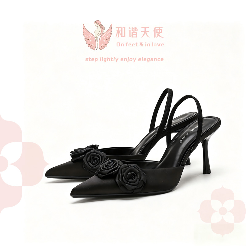 On feet & in love Black Satin Rose Slingback Heels