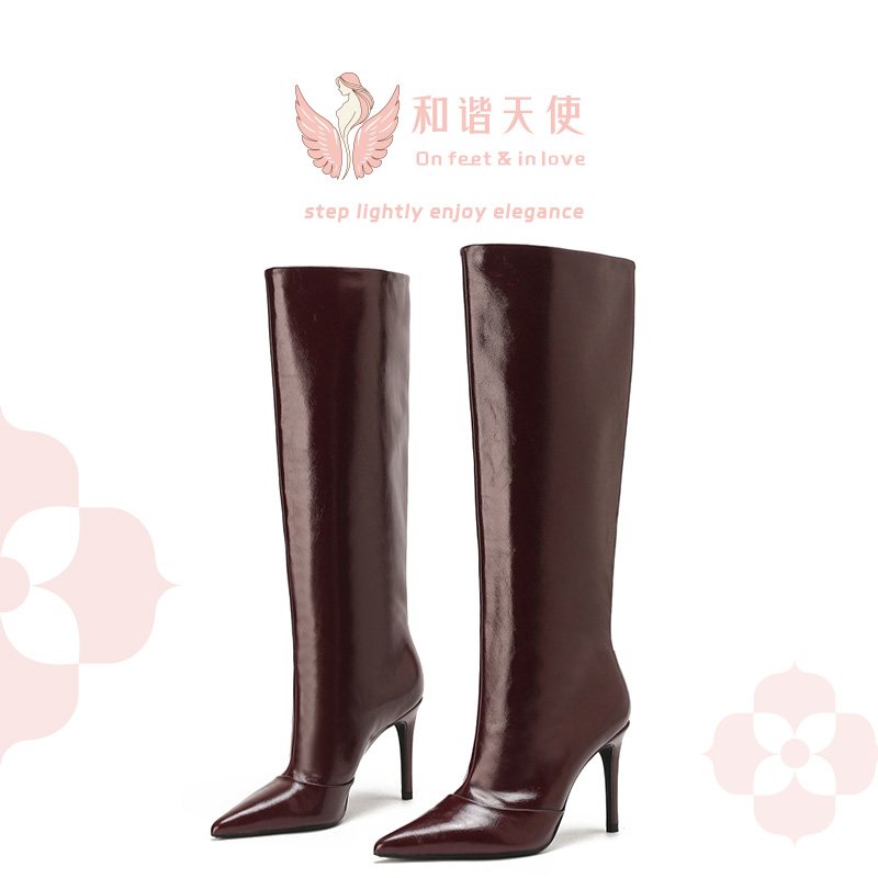 Quiet Burgundy Patent Leather Pointed-Toe High Heel Knee-High Boots