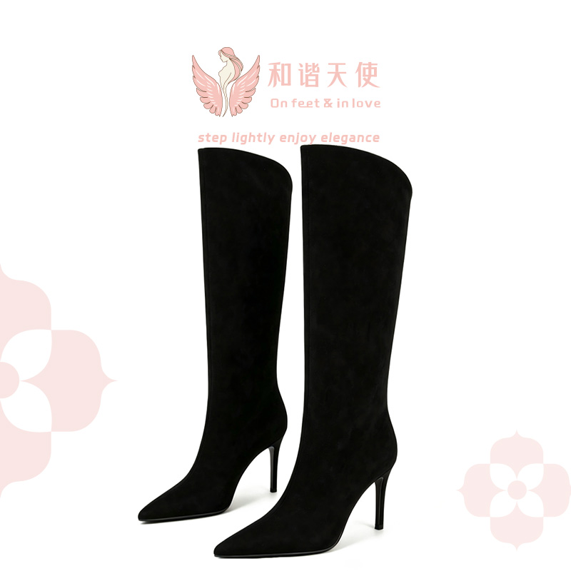 Black Quiet Suede Pointed-Toe High Heel Knee-High Boots