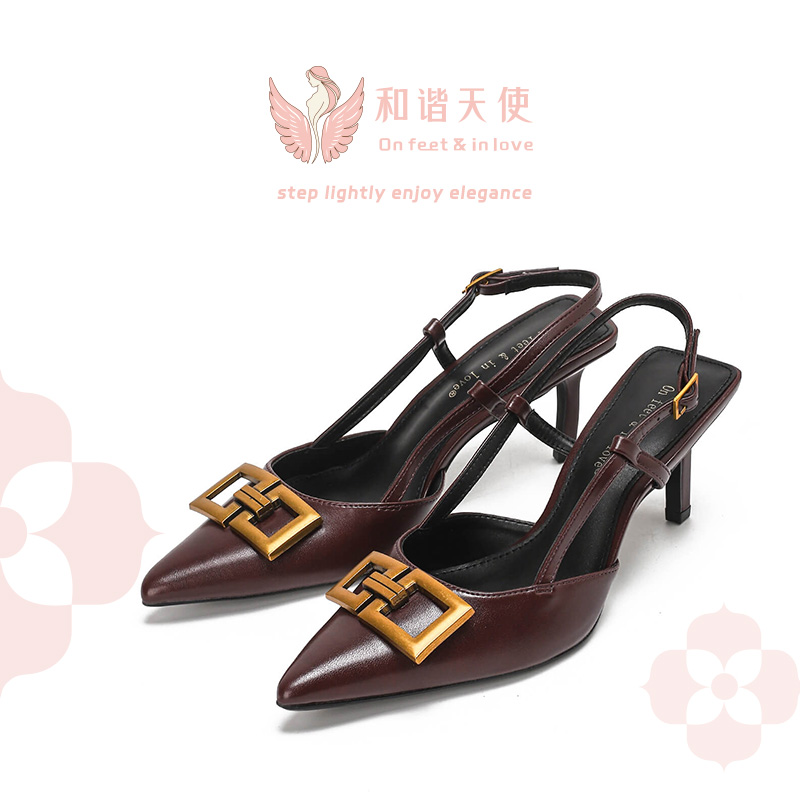 Burgundy Pointed-Toe Metal Buckle Quiet Women's Slingback Heels