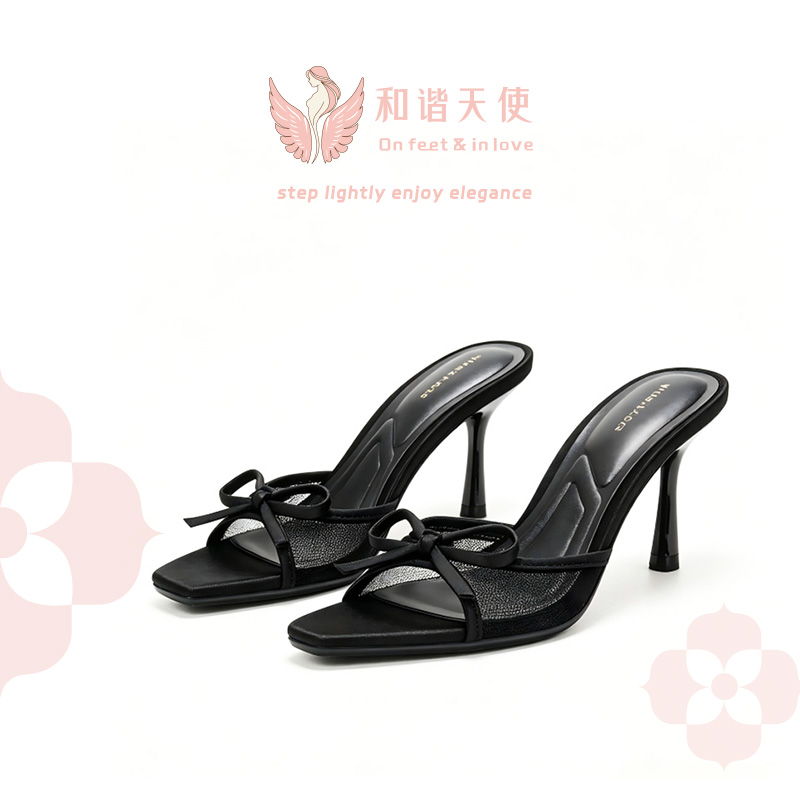 Black Mesh Bow Square Toe Stiletto Mules