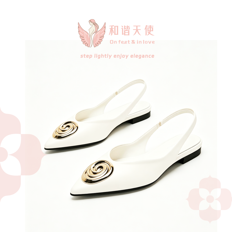 White Spiral Metal Ornament Slingback Flat Shoes