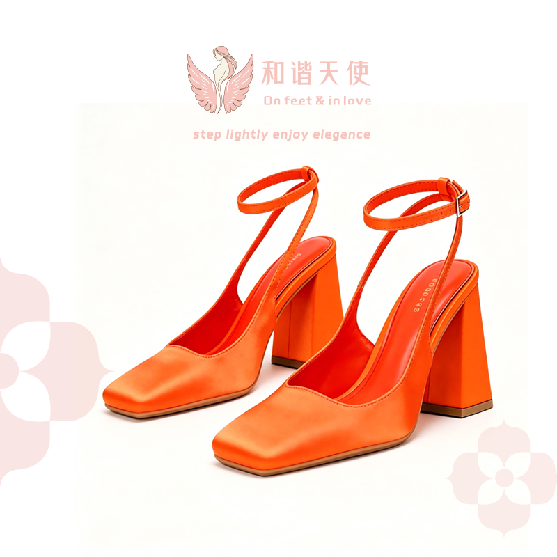 Bright Orange Satin Square Toe Ankle Strap Block Heels
