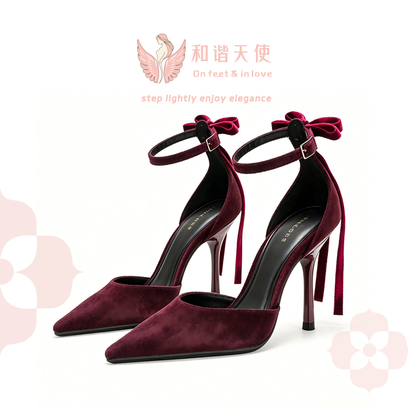 Burgundy Bow Ankle Strap Stiletto Heels