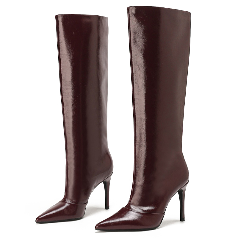 Quiet Burgundy Patent Leather Pointed-Toe High Heel Knee-High Boots Italy