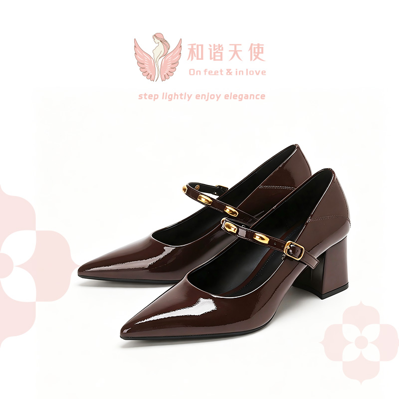 On feet & in love Brown Patent Gold Stud Mary Jane Block Heels