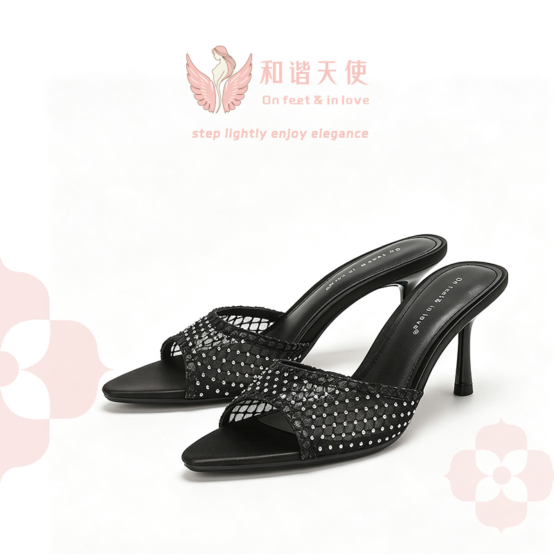 On feet & in love Black Mesh Rhinestone Square Toe Mule Heels