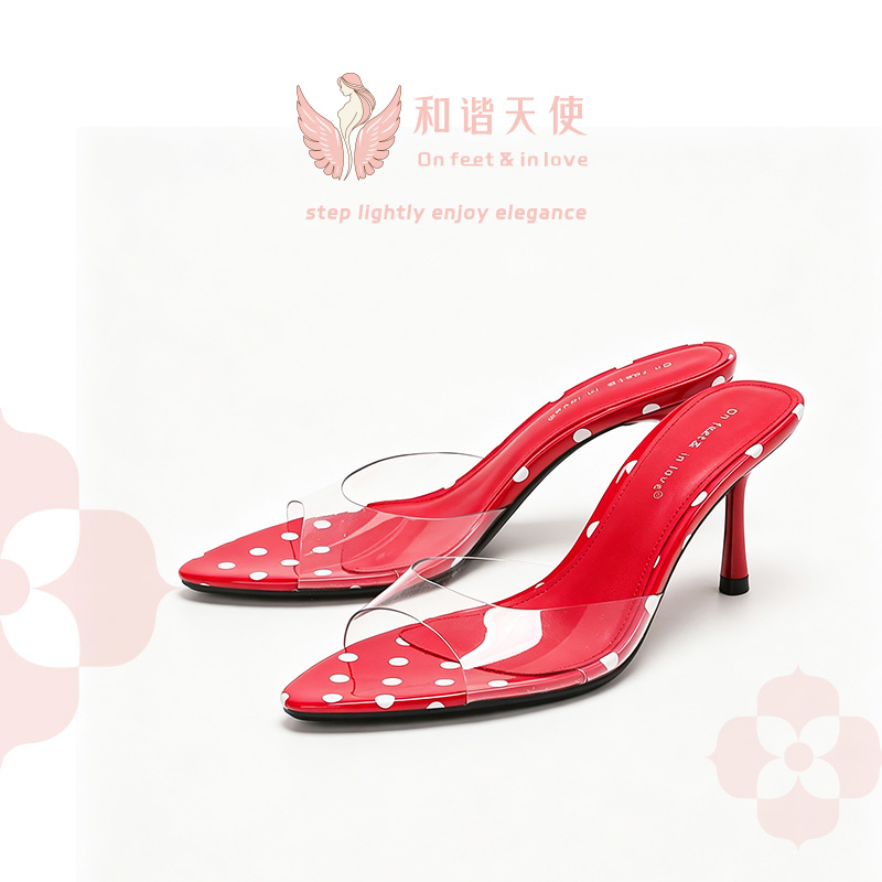 On feet & in love Red Polka Dot Clear Strap Mule Heels