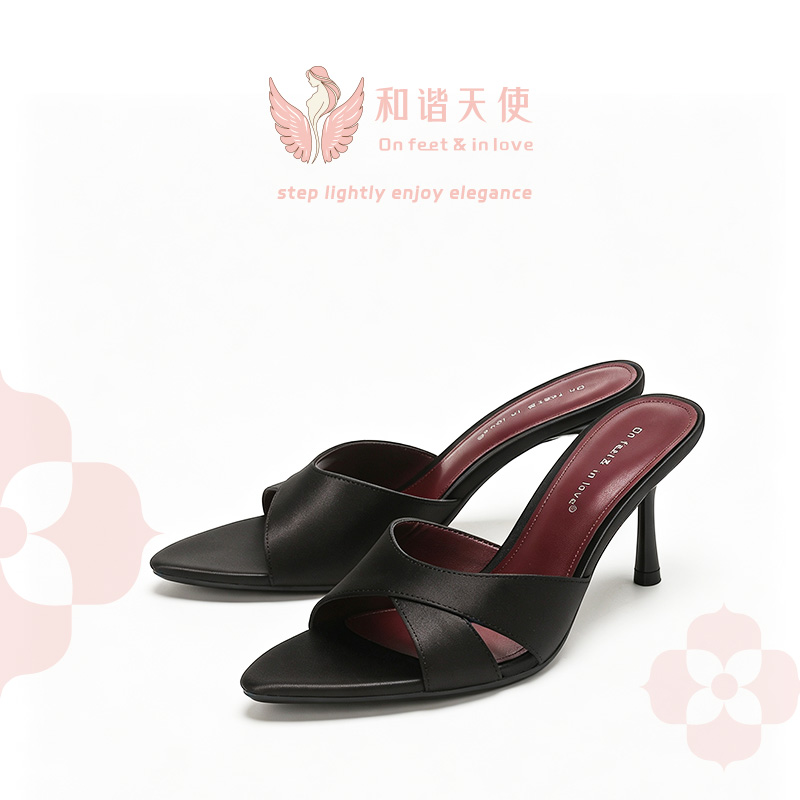 On feet & in love Black Satin Crisscross Pointed Mule Heels