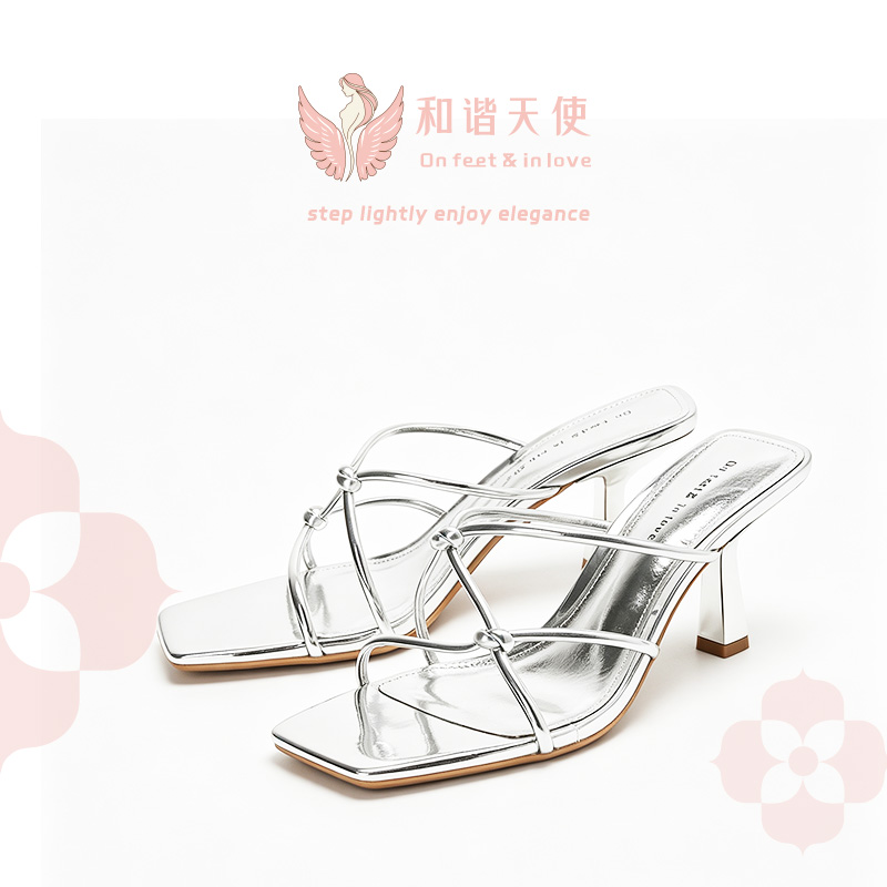 On feet & in love Silver Knotted Thin Strap Square Mule Heels