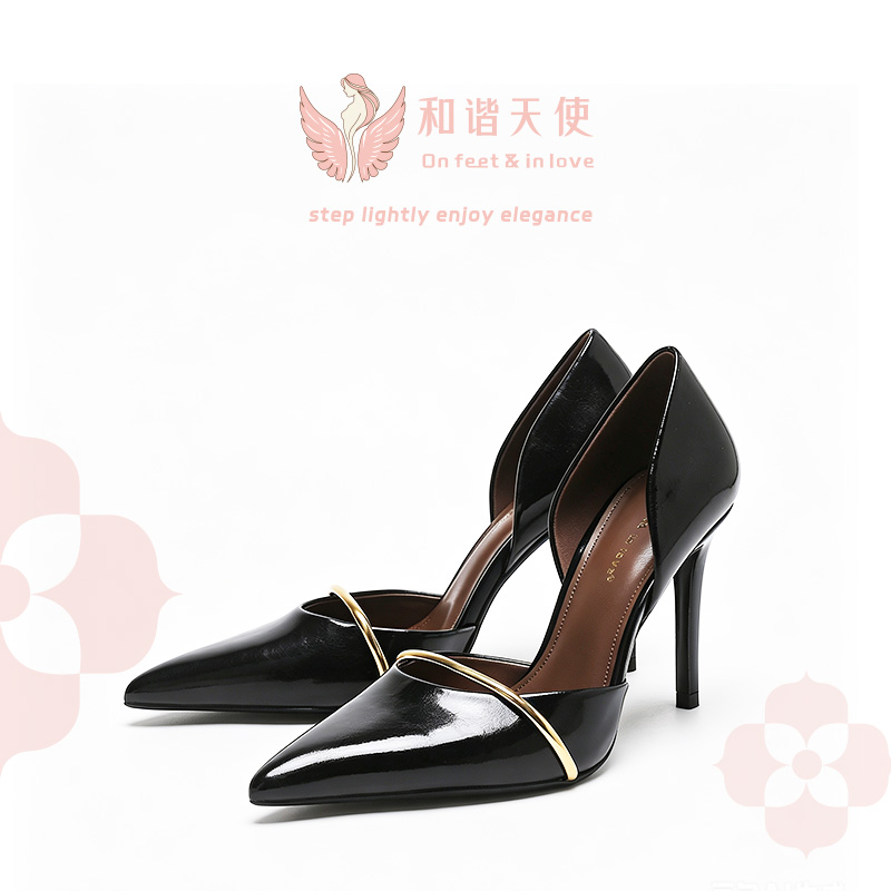 On feet & in love Black Patent Gold Bar D'Orsay Heels