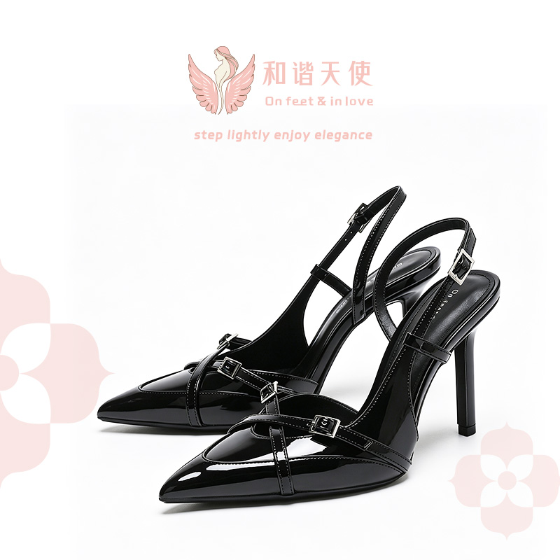 On feet & in love Black Patent Multi Buckle Slingback Heels