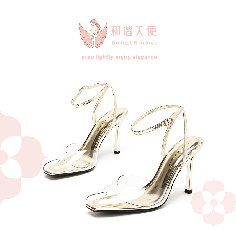 On feet & in love Champagne Clear PVC Ankle Strap Stilettos