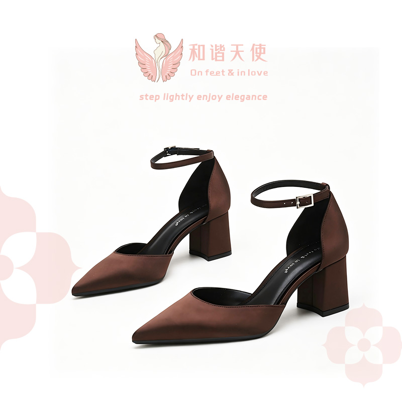 On feet & in love Brown Satin Pointed Ankle Strap Block Heels