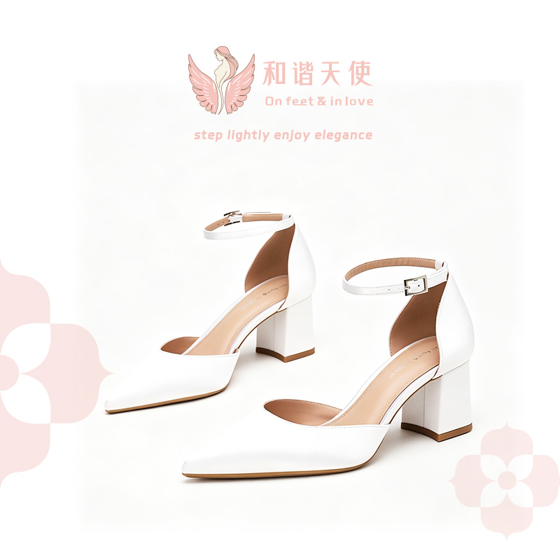 On feet & in love White Satin Pointed Ankle Strap Block Heels