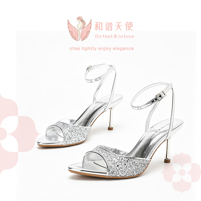 On feet & in love Silver Glitter Peep Toe Ankle Strap Heels