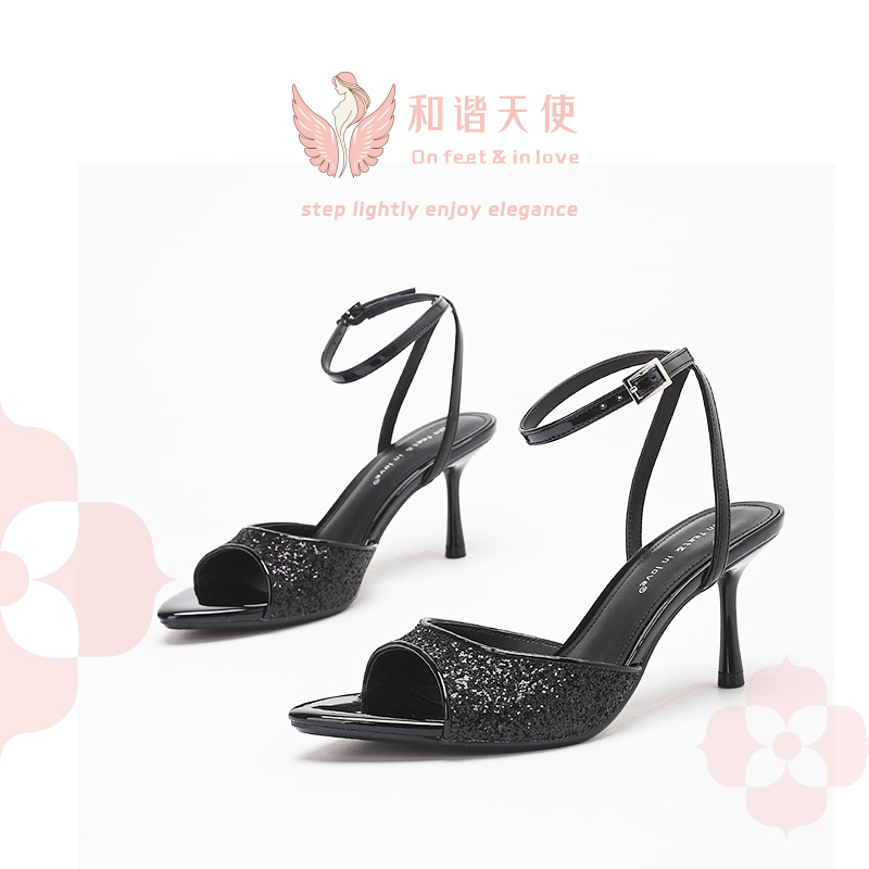 On feet & in love Black Glitter Pointed Ankle Strap Stilettos