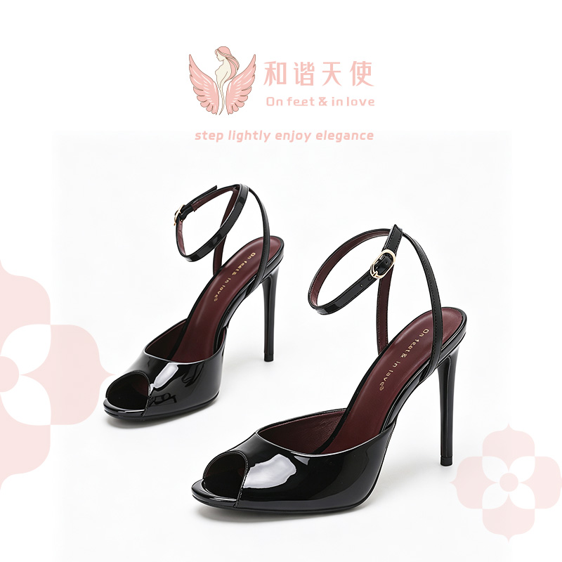 On feet & in love Black Patent Peep Toe Ankle Strap Stilettos