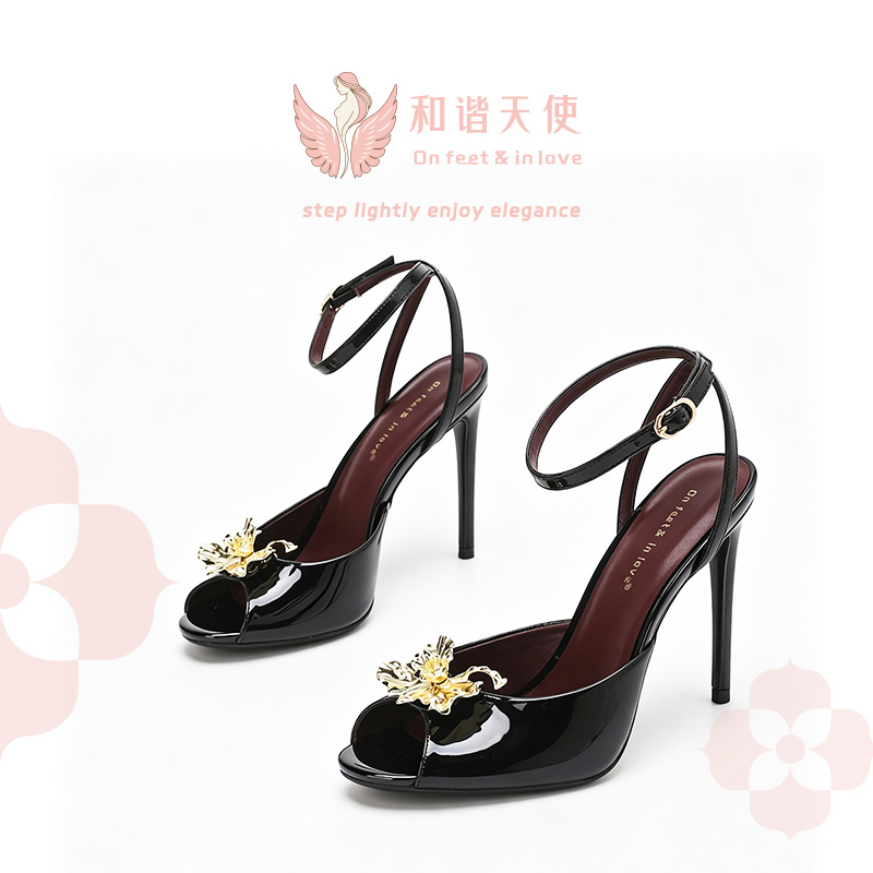 On feet & in love Black Patent Gold Flower Peep Toe Stilettos