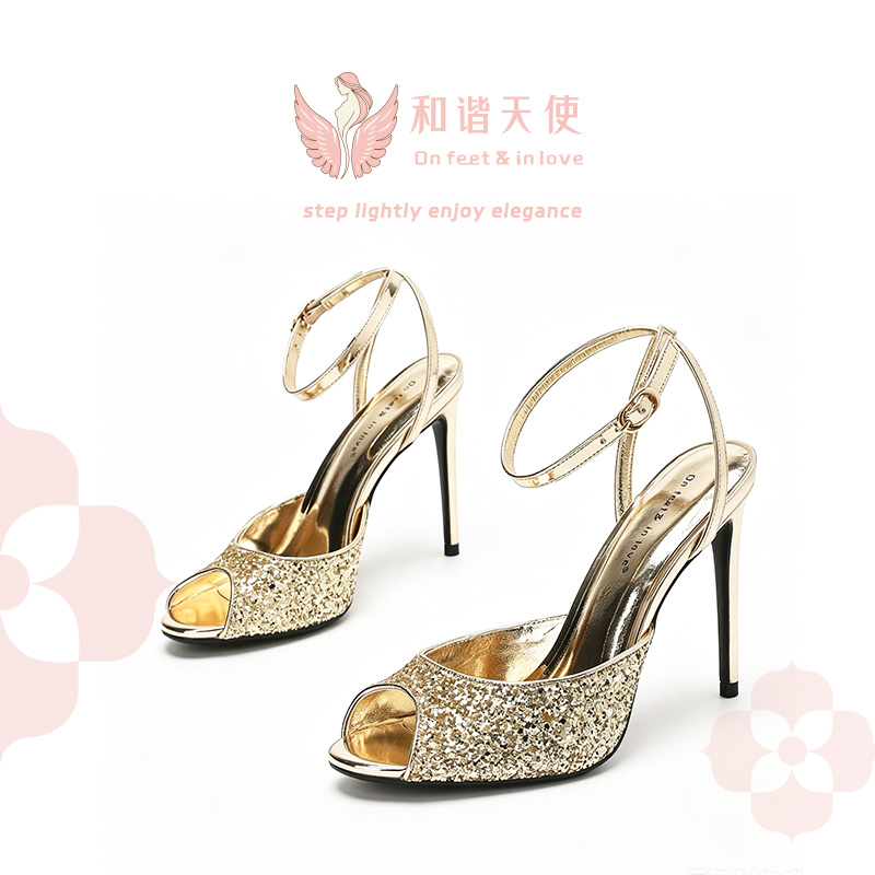 On feet & in love Gold Glitter Peep Toe Ankle Strap Stilettos