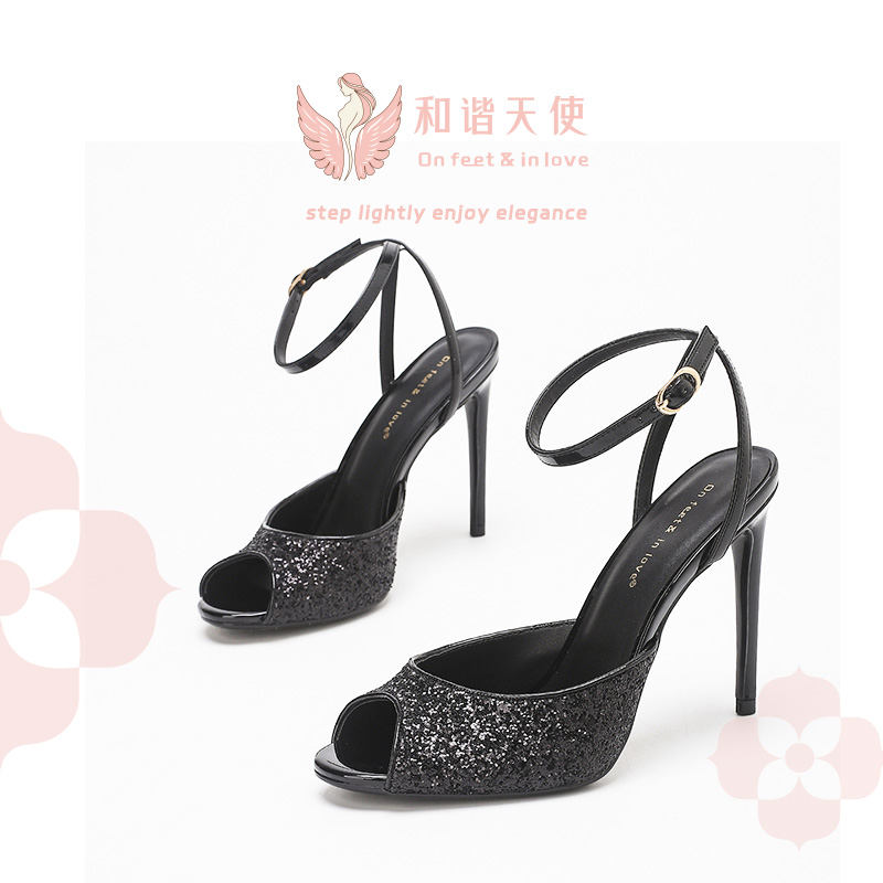 On feet & in love Black Glitter Peep Toe Ankle Strap Stilettos