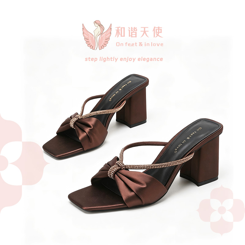 On feet & in love Brown Satin Rhinestone Bow Block Heel Mules