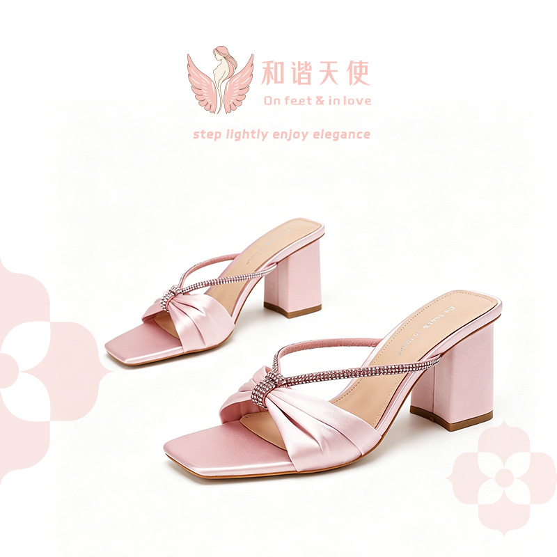 On feet & in love Pink Satin Rhinestone Block Heel Mules