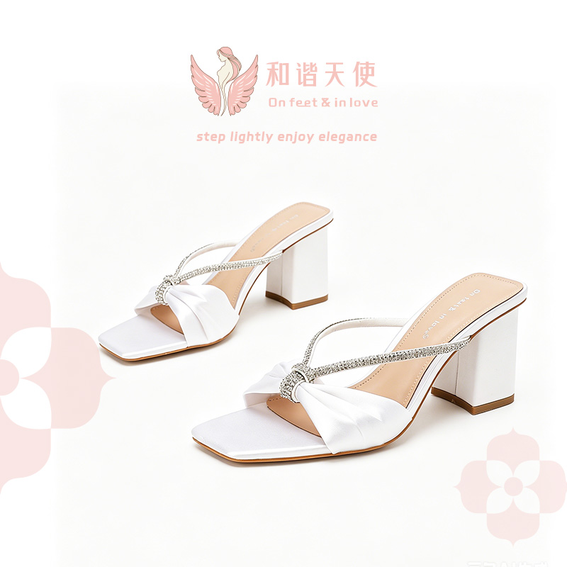 On feet & in love White Satin Rhinestone Block Heel Mules