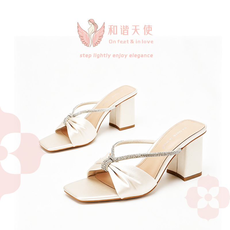 On feet & in love Ivory Satin Rhinestone Block Heel Mules
