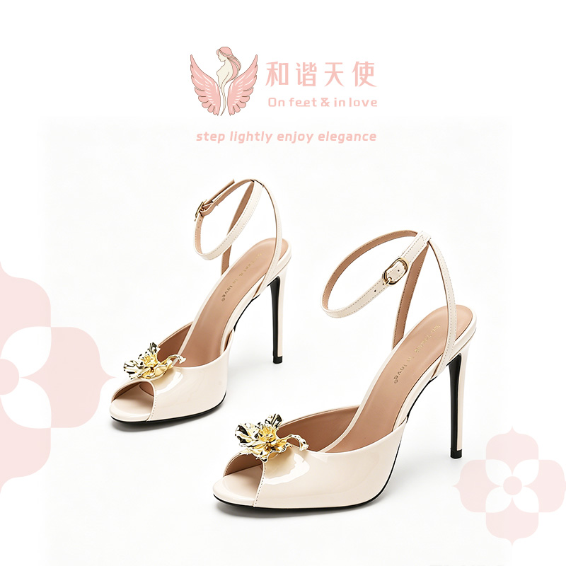 On feet & in love Ivory Patent Metal Flower Peep Toe Heels