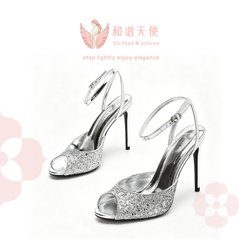 On feet & in love Silver Glitter Peep Toe Ankle Strap Heels