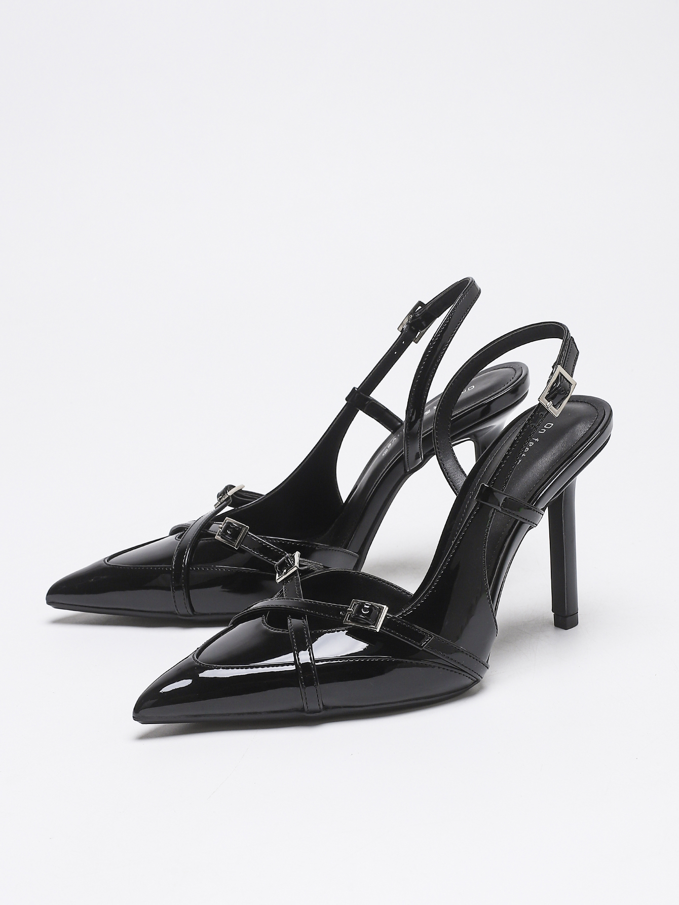 On feet & in love Black Patent Multi Buckle Slingback Heels
