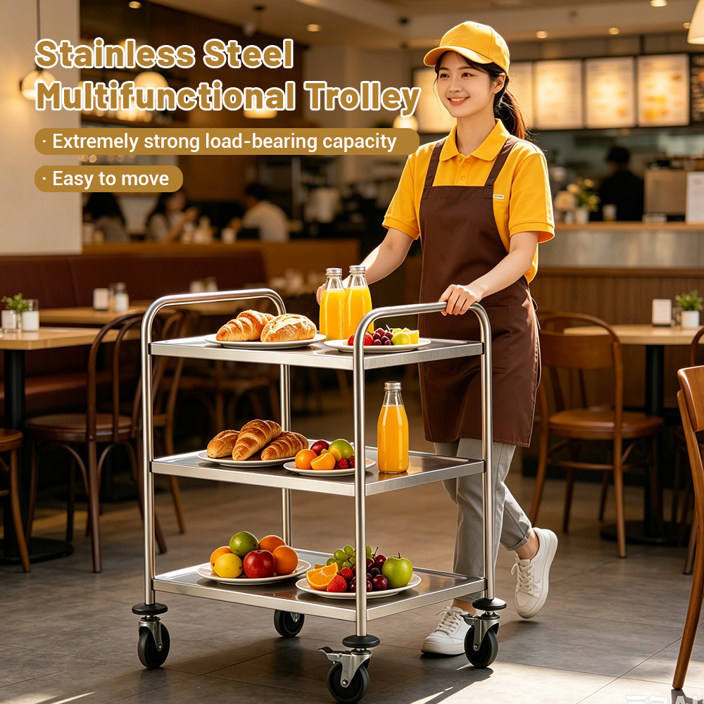 3‑Tier Stainless Steel Service Cart, Commercial Round Tube Rolling Utility Trolley with Brake Wheels for Hotel Restaurant Kitchen