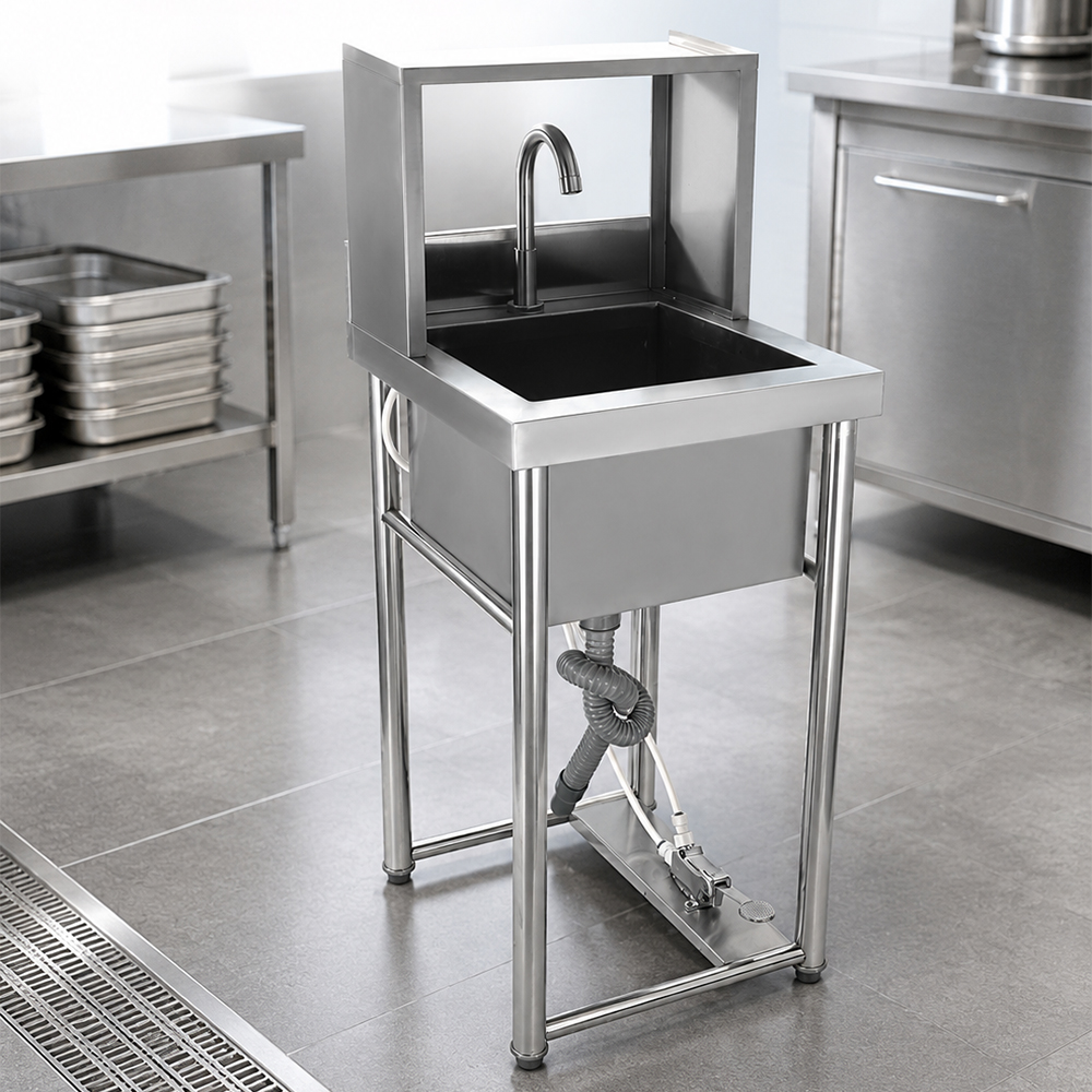 Stainless Steel Foot Operated Hand Wash Sink, Commercial Knee Operated Handwashing Basin with Splash Back for Restaurant Kitchen