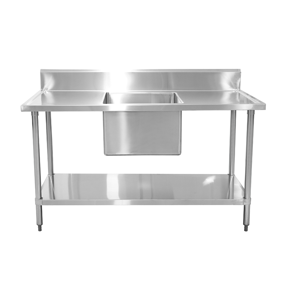Stainless Steel Work Table with Sink, Commercial Kitchen Prep Sink Workbench with Backsplash Undershelf for Restaurant Hotel Catering