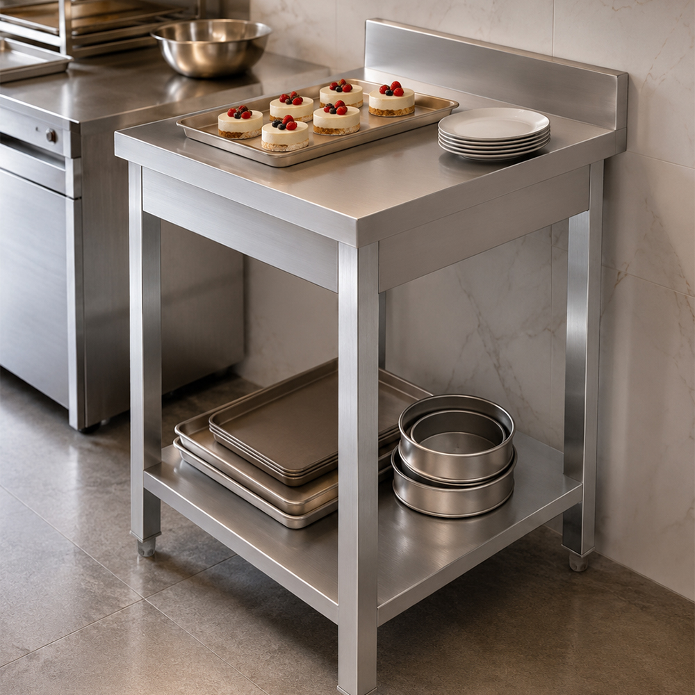 Stainless Steel Commercial Work Table with Backsplash & Undershelf, Fixed Legs Compatible with Caster Wheels for Restaurant Kitchen